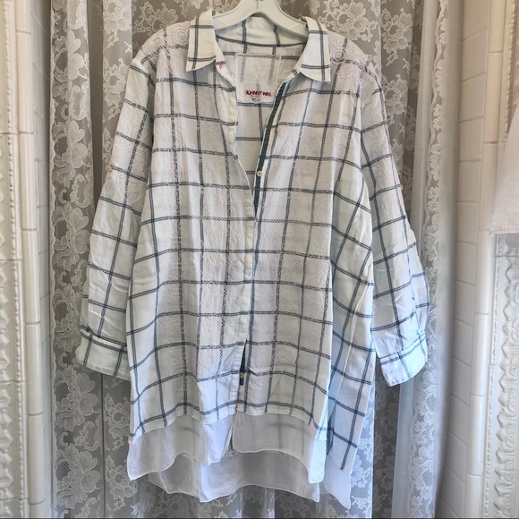 JOHNNY WAS * White Blue Plaid Embroidered Button Front Shirt - Picture 1 of 9